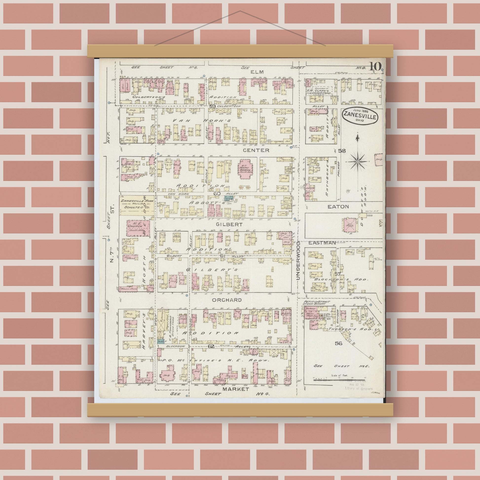 Old map wall art mockup — magnetic wood frame on brick wall — Sanborn Fire Insurance Map from Zanesville, Muskingum County, Ohio (1886), Sheet #0010
