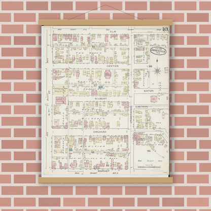 Old map wall art mockup — magnetic wood frame on brick wall — Sanborn Fire Insurance Map from Zanesville, Muskingum County, Ohio (1886), Sheet #0010