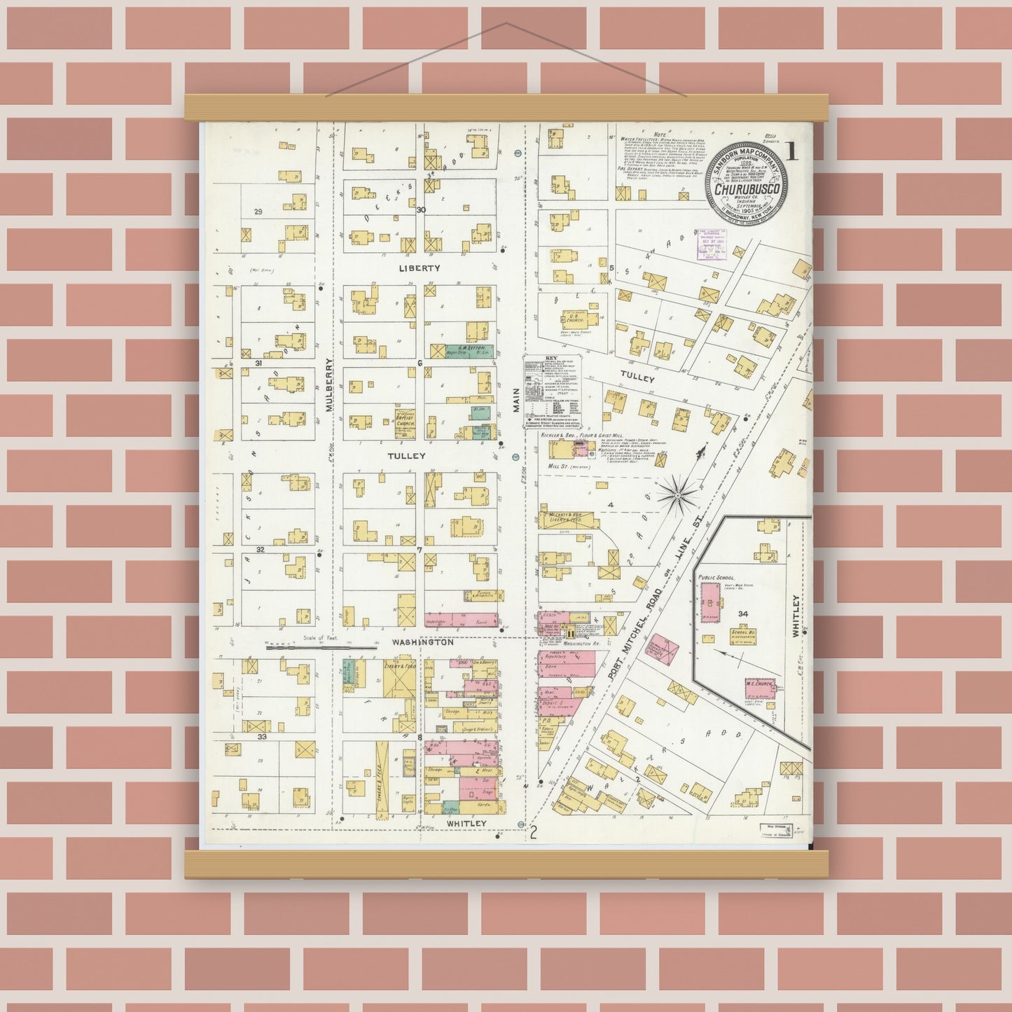 Old map wall art mockup — magnetic wood frame on brick wall — Sanborn Fire Insurance Map from Churubusco, Whitley County, Indiana (1905) - Complete Map Set