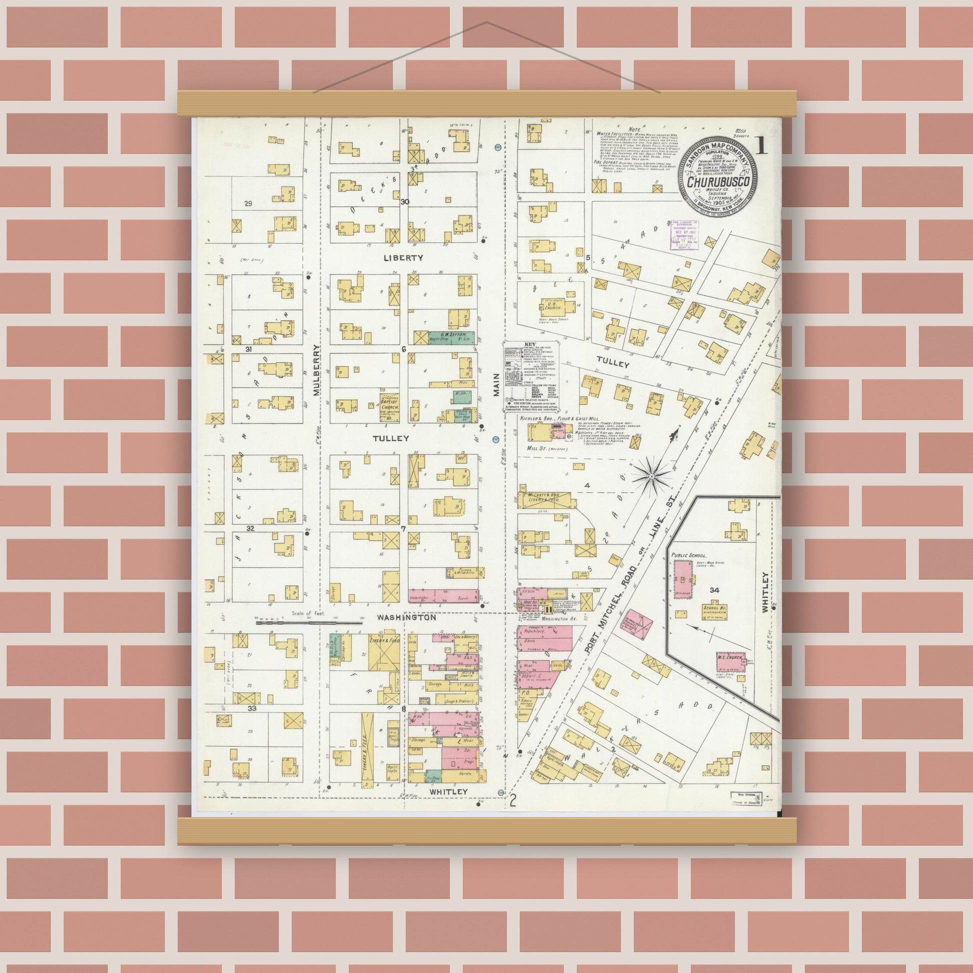 Old map wall art mockup — magnetic wood frame on brick wall — Sanborn Fire Insurance Map from Churubusco, Whitley County, Indiana (1905) - Complete Map Set