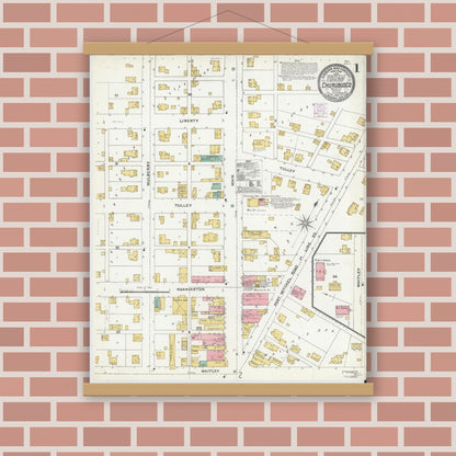 Old map wall art mockup — magnetic wood frame on brick wall — Sanborn Fire Insurance Map from Churubusco, Whitley County, Indiana (1905) - Complete Map Set