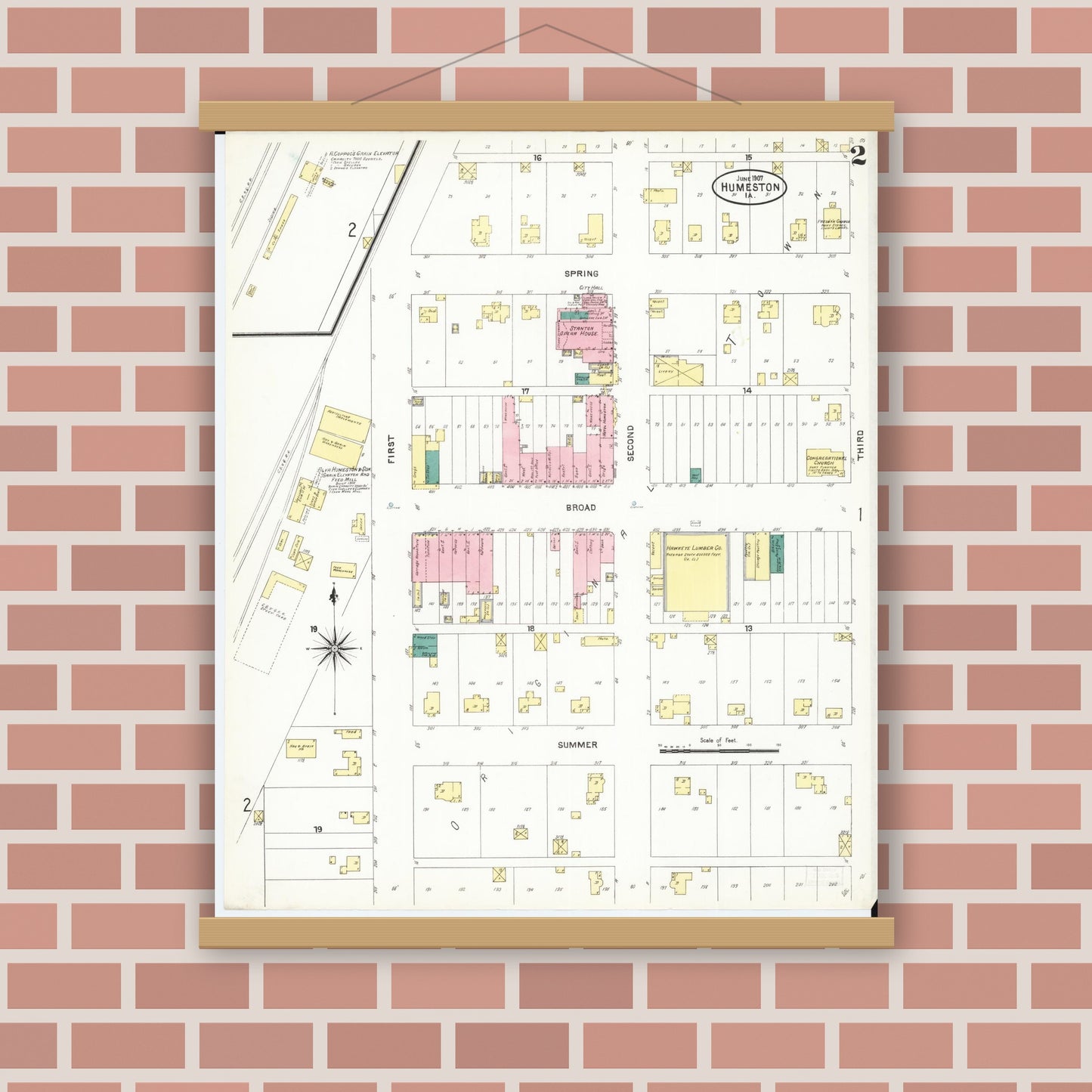Old map wall art mockup — magnetic wood frame on brick wall — Sanborn Fire Insurance Map from Humeston, Wayne County, Iowa (1907), Sheet #0002