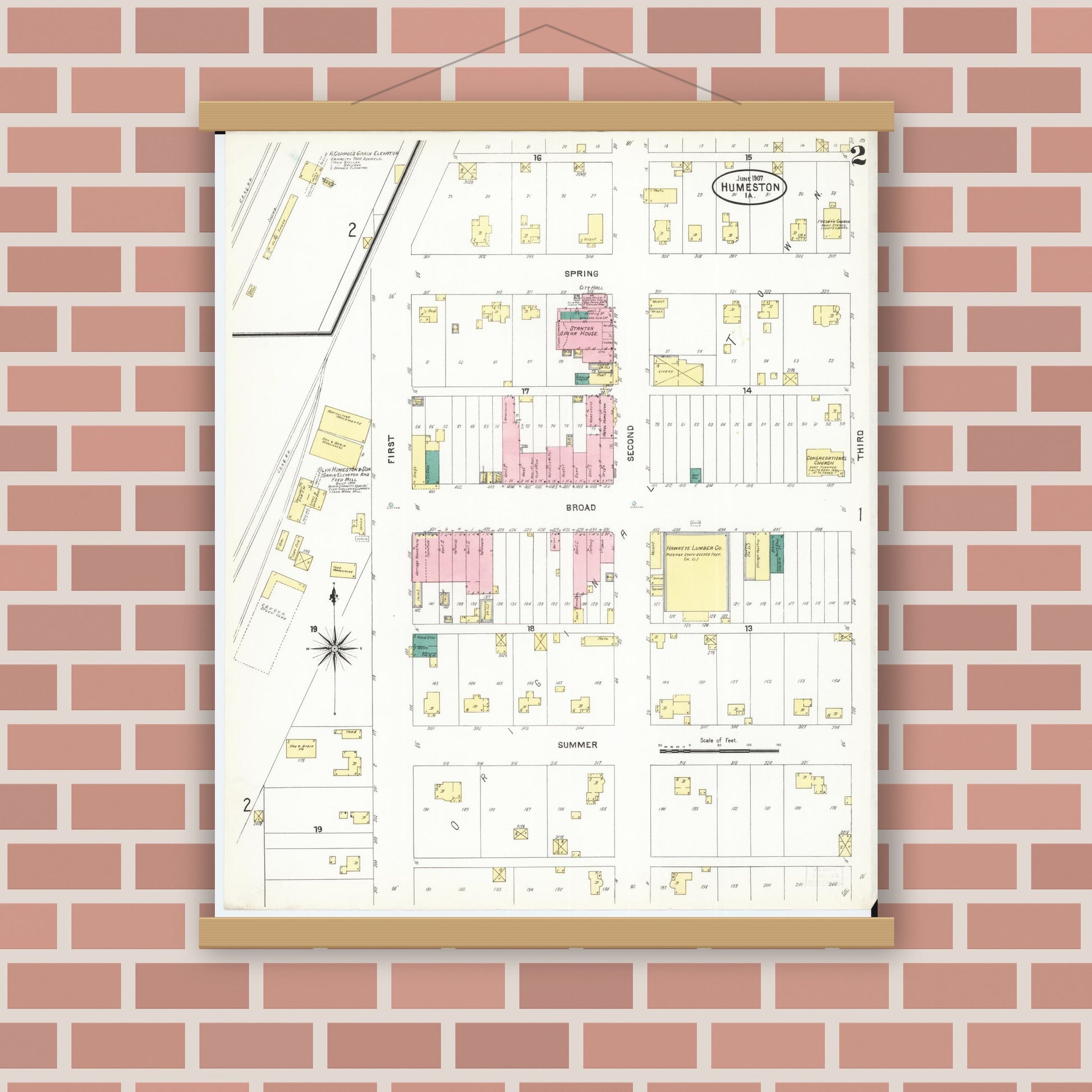 Old map wall art mockup — magnetic wood frame on brick wall — Sanborn Fire Insurance Map from Humeston, Wayne County, Iowa (1907), Sheet #0002