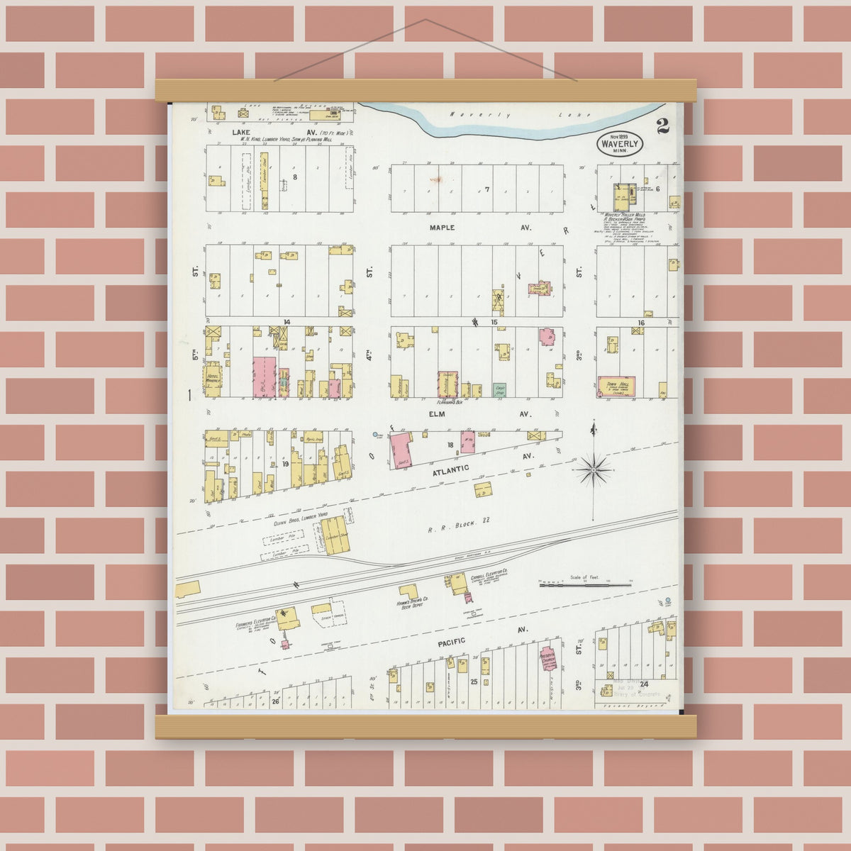 Old map wall art mockup — magnetic wood frame on brick wall — Sanborn Fire Insurance Map from Waverly, Wright County, Minnesota (1899), Sheet #0002