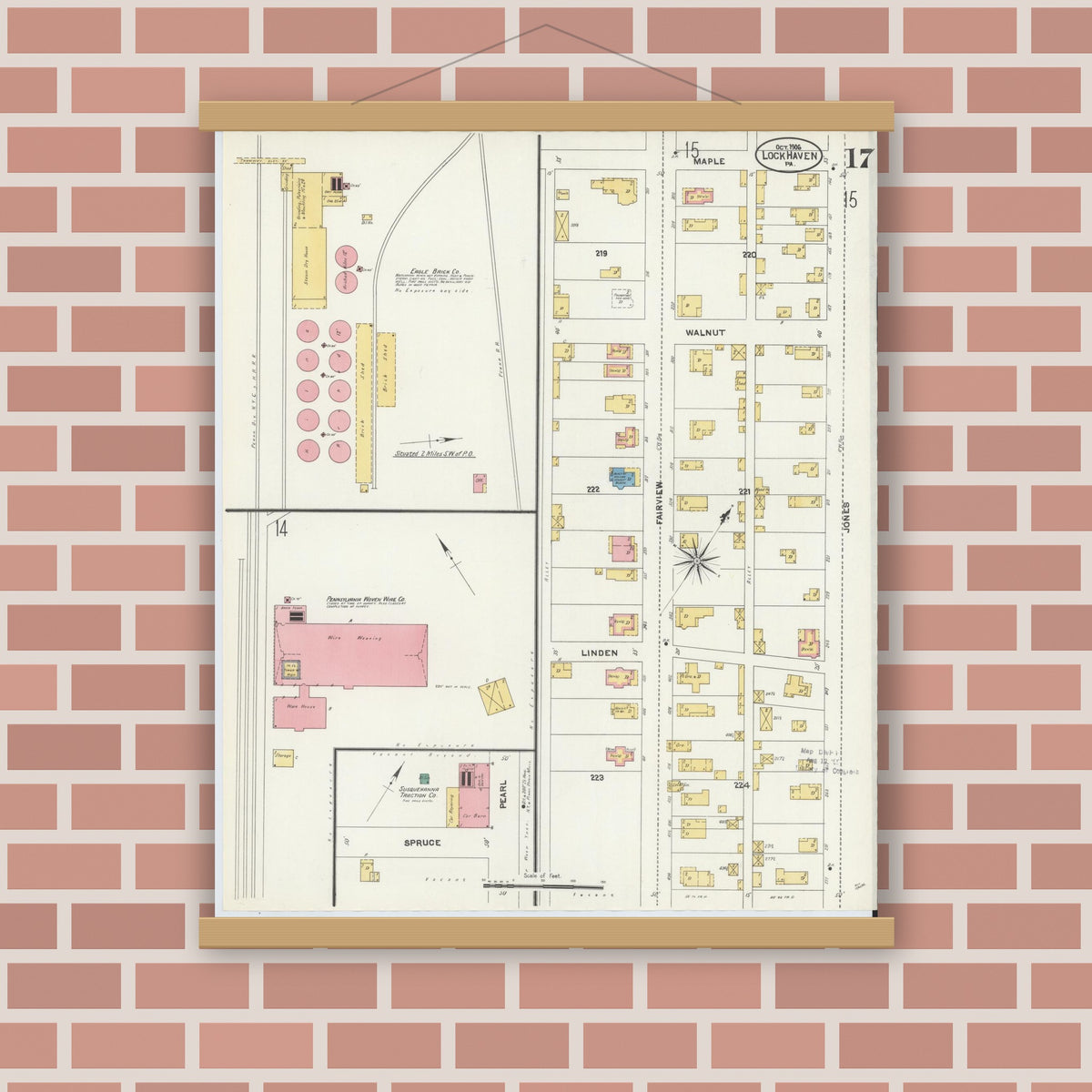 Old map wall art mockup — magnetic wood frame on brick wall — Sanborn Fire Insurance Map from Lock Haven, Clinton County, Pennsylvania (1906), Sheet #0017