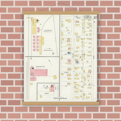 Old map wall art mockup — magnetic wood frame on brick wall — Sanborn Fire Insurance Map from Lock Haven, Clinton County, Pennsylvania (1906), Sheet #0017