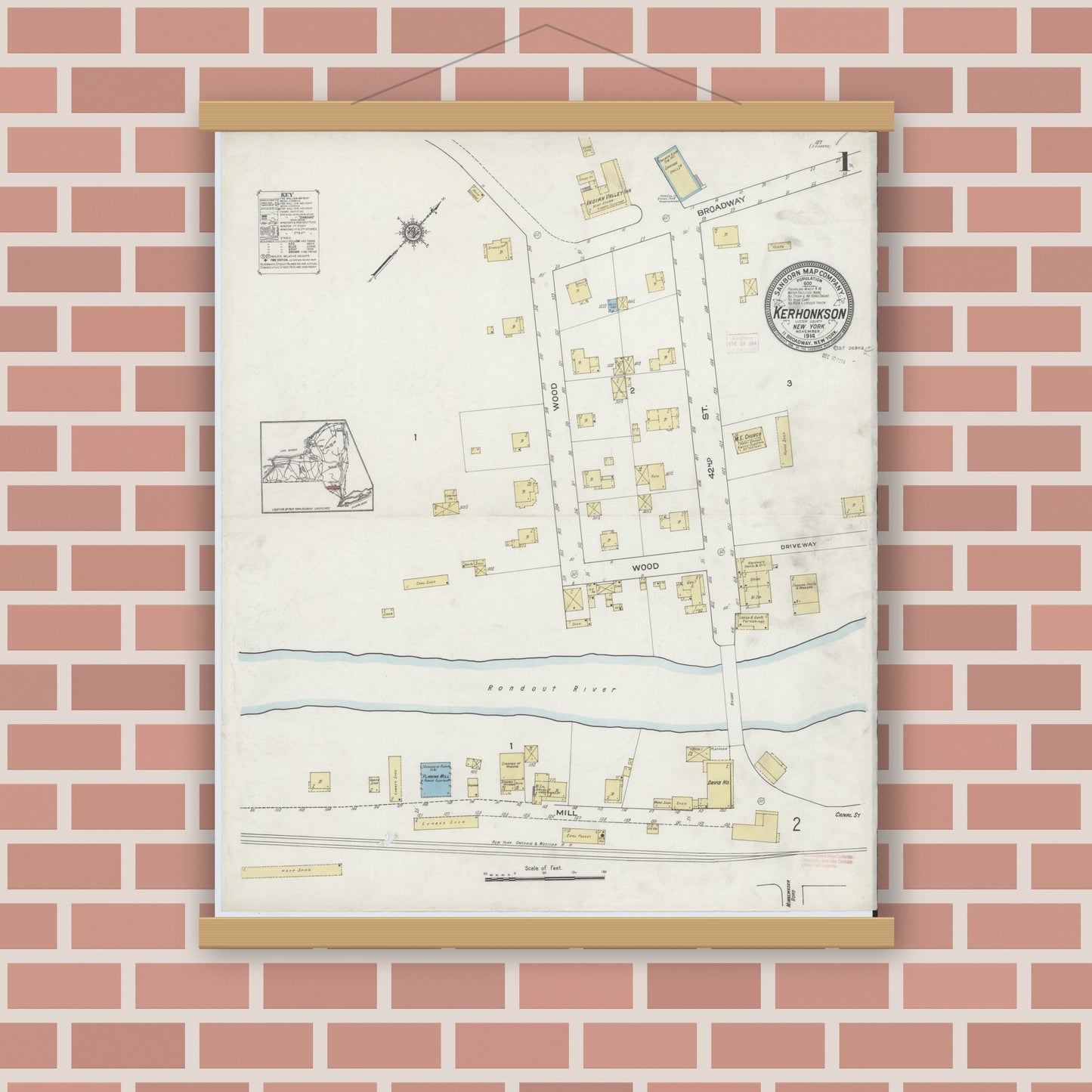 Old map wall art mockup — magnetic wood frame on brick wall — Sanborn Fire Insurance Map from Kerhonkson, Ulster County, New York (1914) - Complete Map Set