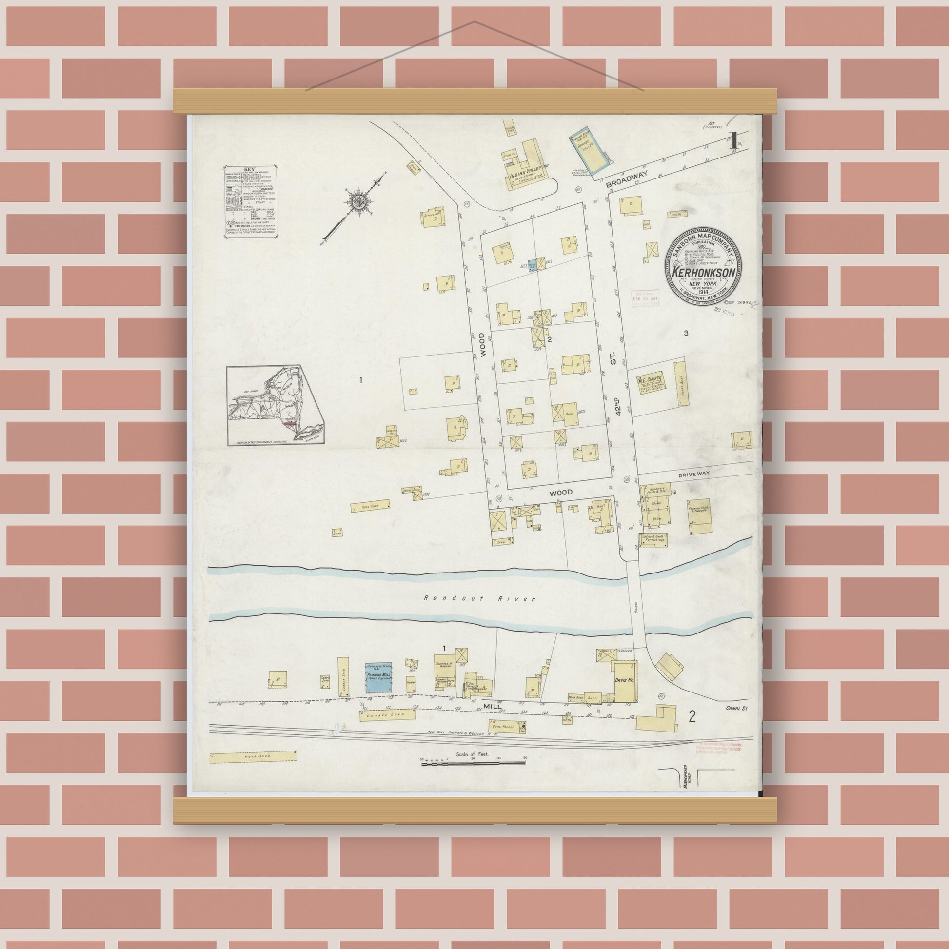 Old map wall art mockup — magnetic wood frame on brick wall — Sanborn Fire Insurance Map from Kerhonkson, Ulster County, New York (1914) - Complete Map Set