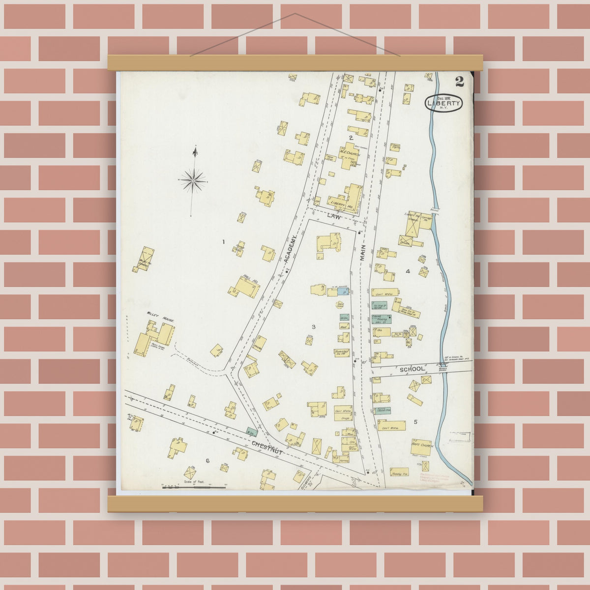 Old map wall art mockup — magnetic wood frame on brick wall — Sanborn Fire Insurance Map from Liberty, Sullivan County, New York (1892), Sheet #0002
