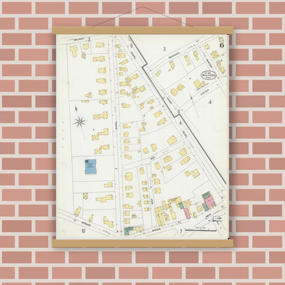 Old map wall art mockup — magnetic wood frame on brick wall — Sanborn Fire Insurance Map from Milford, Worcester County, Massachusetts (1903), Sheet #0006