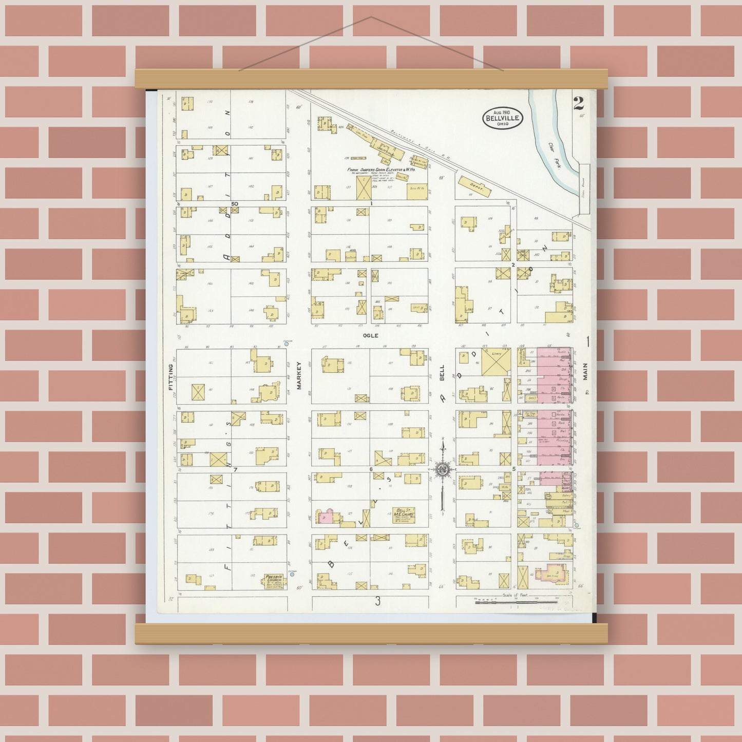 Old map wall art mockup — magnetic wood frame on brick wall — Sanborn Fire Insurance Map from Bellville, Richland County, Ohio (1910), Sheet #0002