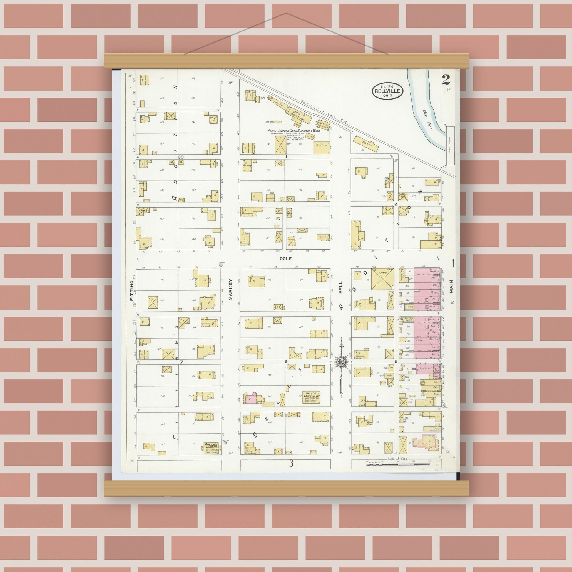 Old map wall art mockup — magnetic wood frame on brick wall — Sanborn Fire Insurance Map from Bellville, Richland County, Ohio (1910), Sheet #0002