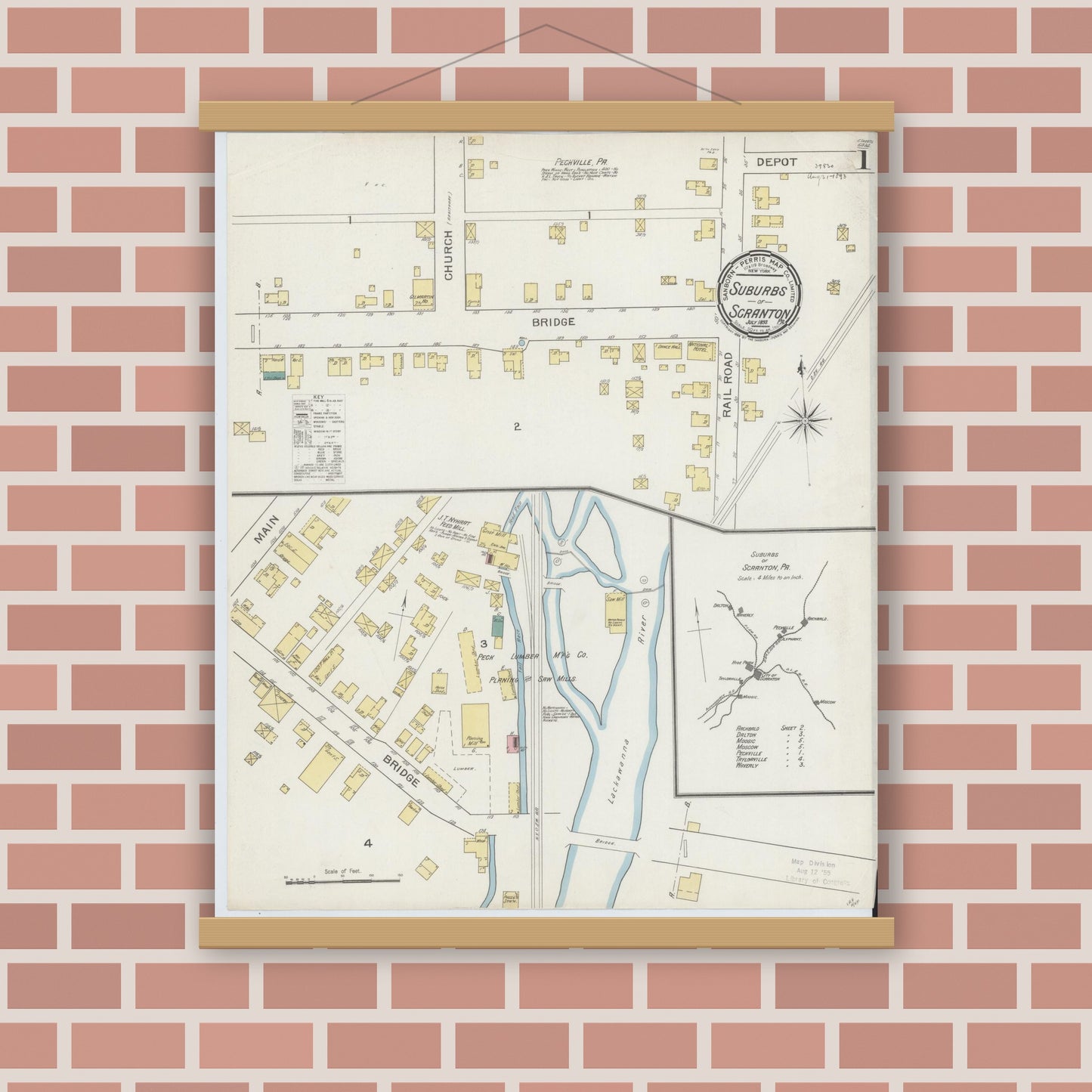 Old map wall art mockup — magnetic wood frame on brick wall — Sanborn Fire Insurance Map from Scranton Suburbs, Lackawanna County, Pennsylvania (1893) - Complete Map Set