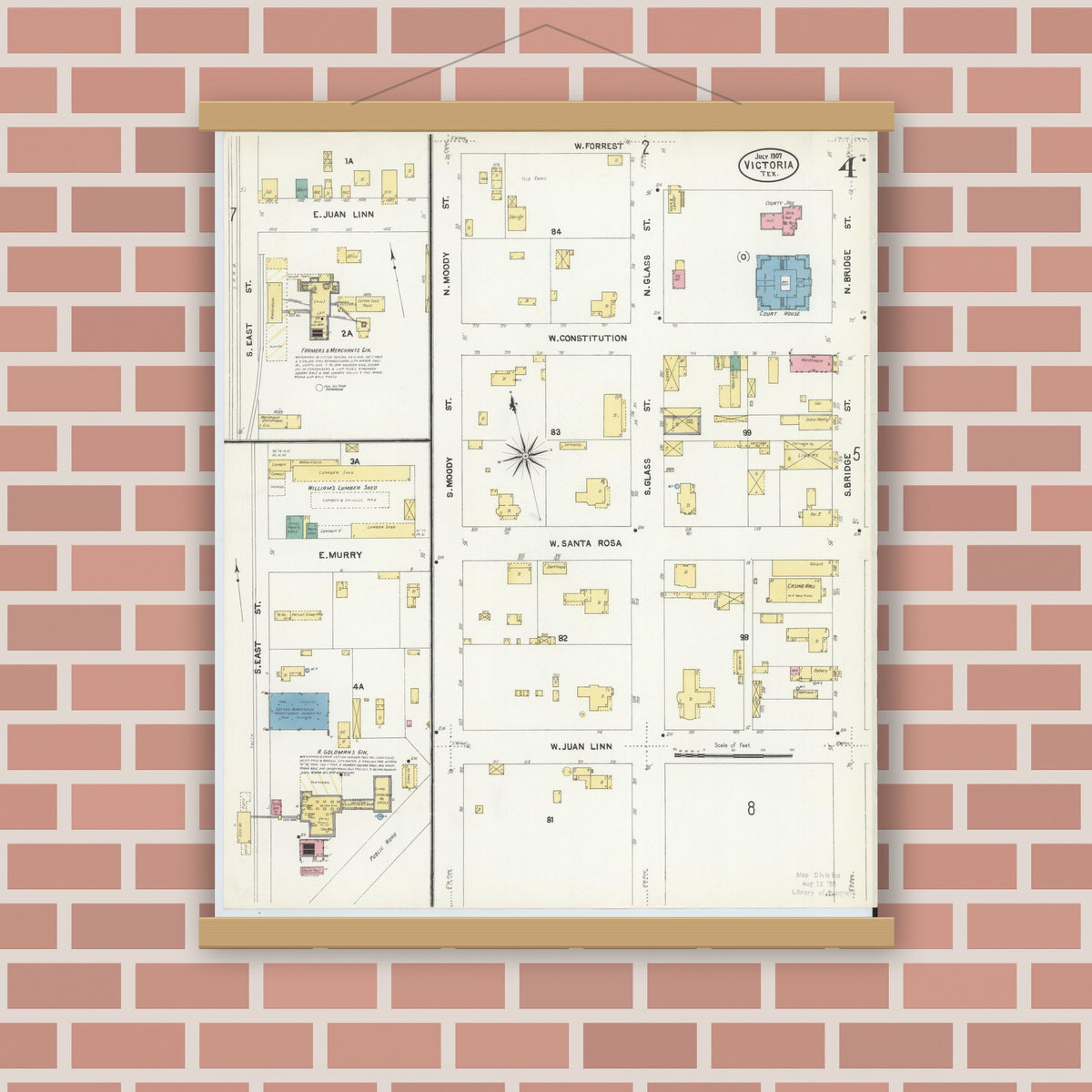 Old map wall art mockup — magnetic wood frame on brick wall — Sanborn Fire Insurance Map from Victoria, Victoria County, Texas (1907), Sheet #0004