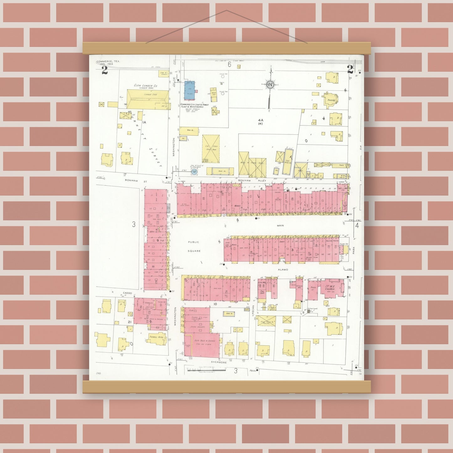 Old map wall art mockup — magnetic wood frame on brick wall — Sanborn Fire Insurance Map from Commerce, Hunt County, Texas (1933), Sheet #0002