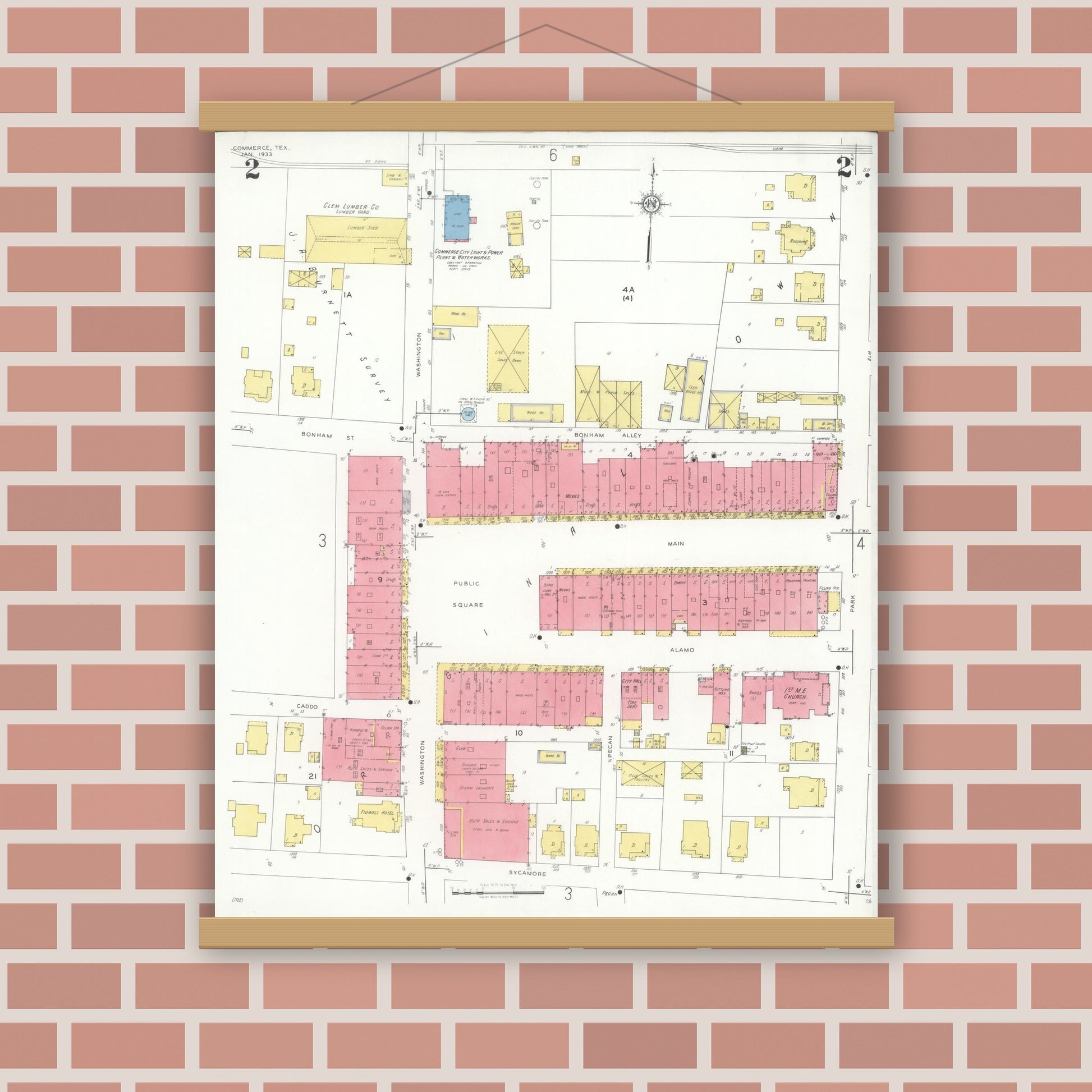 Old map wall art mockup — magnetic wood frame on brick wall — Sanborn Fire Insurance Map from Commerce, Hunt County, Texas (1933), Sheet #0002