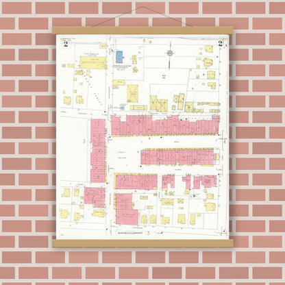 Old map wall art mockup — magnetic wood frame on brick wall — Sanborn Fire Insurance Map from Commerce, Hunt County, Texas (1933), Sheet #0002