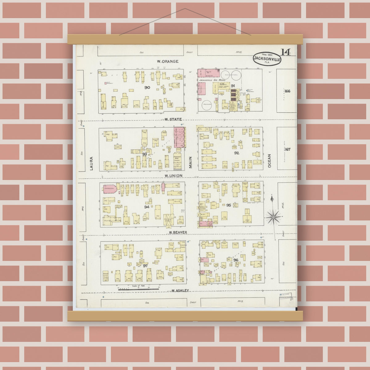 Old map wall art mockup — magnetic wood frame on brick wall — Sanborn Fire Insurance Map from Jacksonville, Duval County, Florida (1891), Sheet #0014