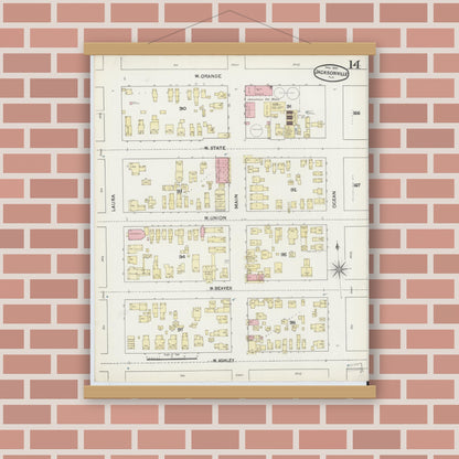 Old map wall art mockup — magnetic wood frame on brick wall — Sanborn Fire Insurance Map from Jacksonville, Duval County, Florida (1891), Sheet #0014