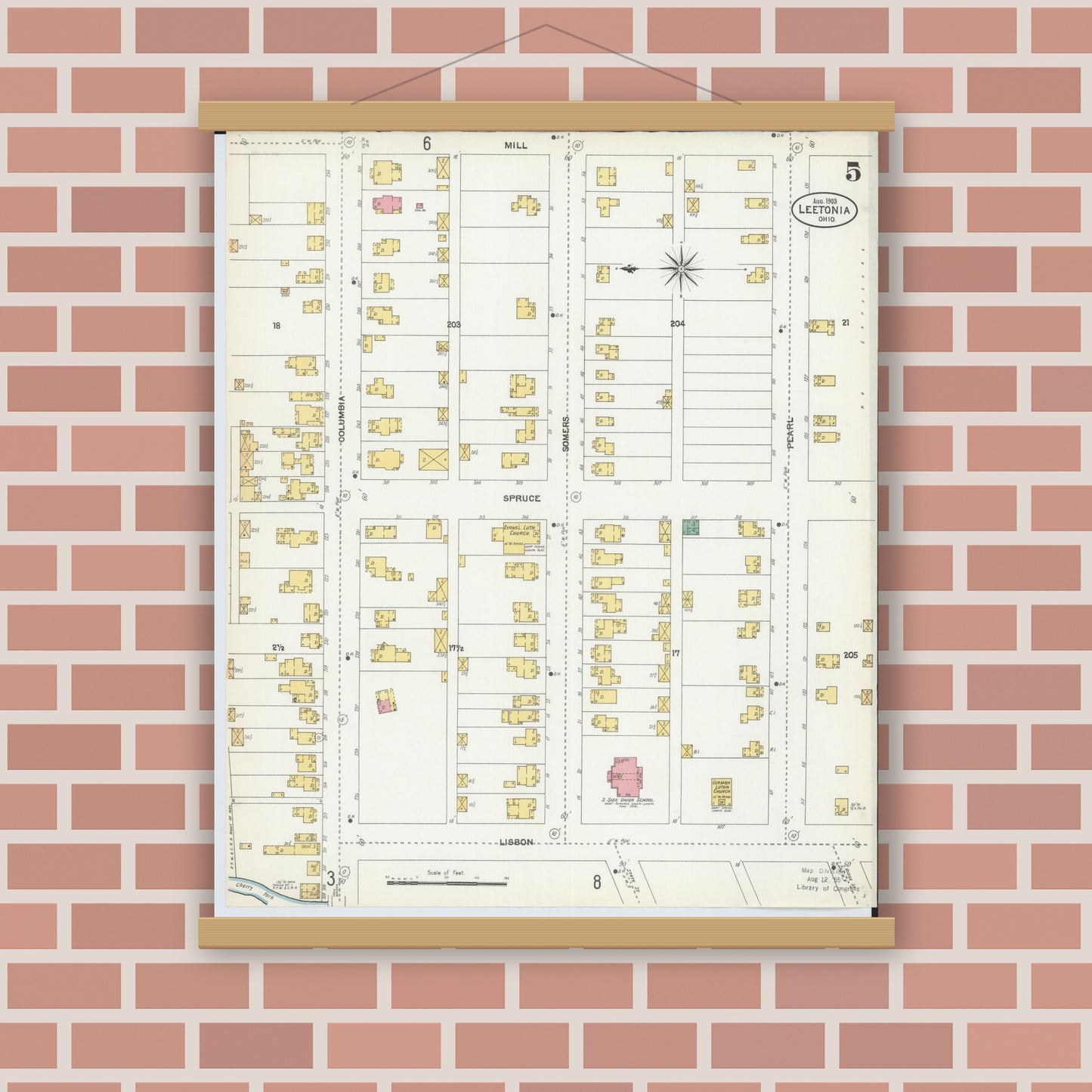 Old map wall art mockup — magnetic wood frame on brick wall — Sanborn Fire Insurance Map from Leetonia, Columbiana County, Ohio (1903), Sheet #0005