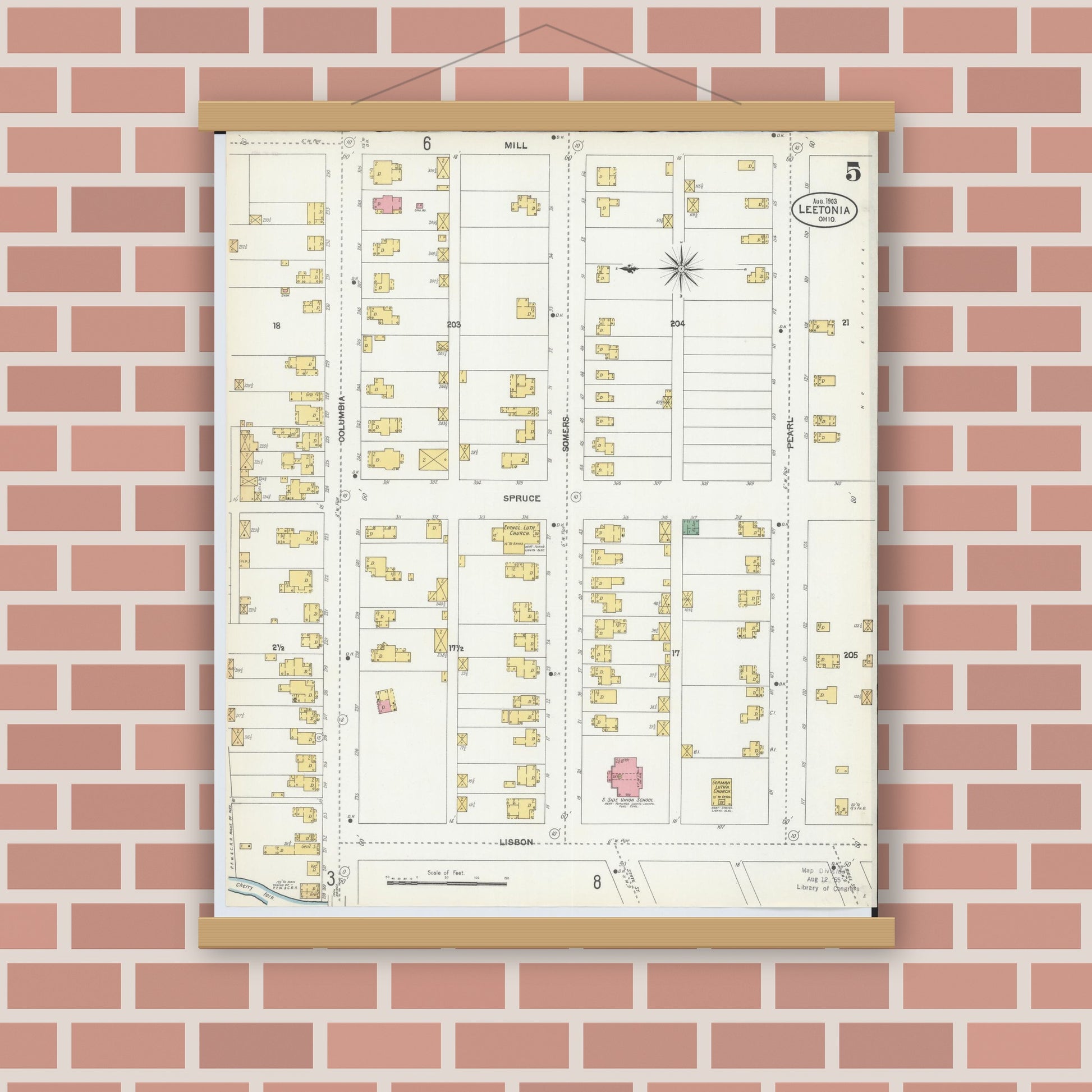 Old map wall art mockup — magnetic wood frame on brick wall — Sanborn Fire Insurance Map from Leetonia, Columbiana County, Ohio (1903), Sheet #0005