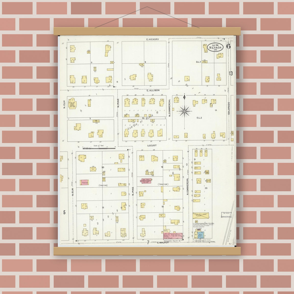 Old map wall art mockup — magnetic wood frame on brick wall — Sanborn Fire Insurance Map from Nevada, Vernon County, Missouri (1906), Sheet #0006