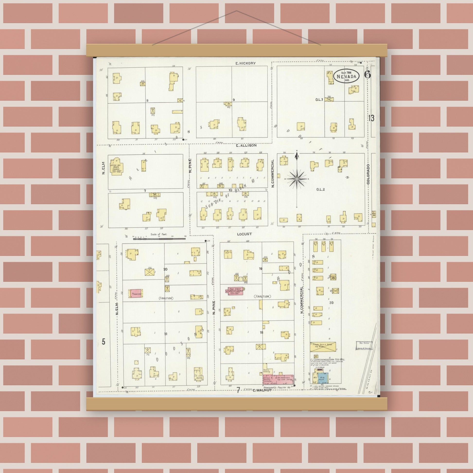 Old map wall art mockup — magnetic wood frame on brick wall — Sanborn Fire Insurance Map from Nevada, Vernon County, Missouri (1906), Sheet #0006