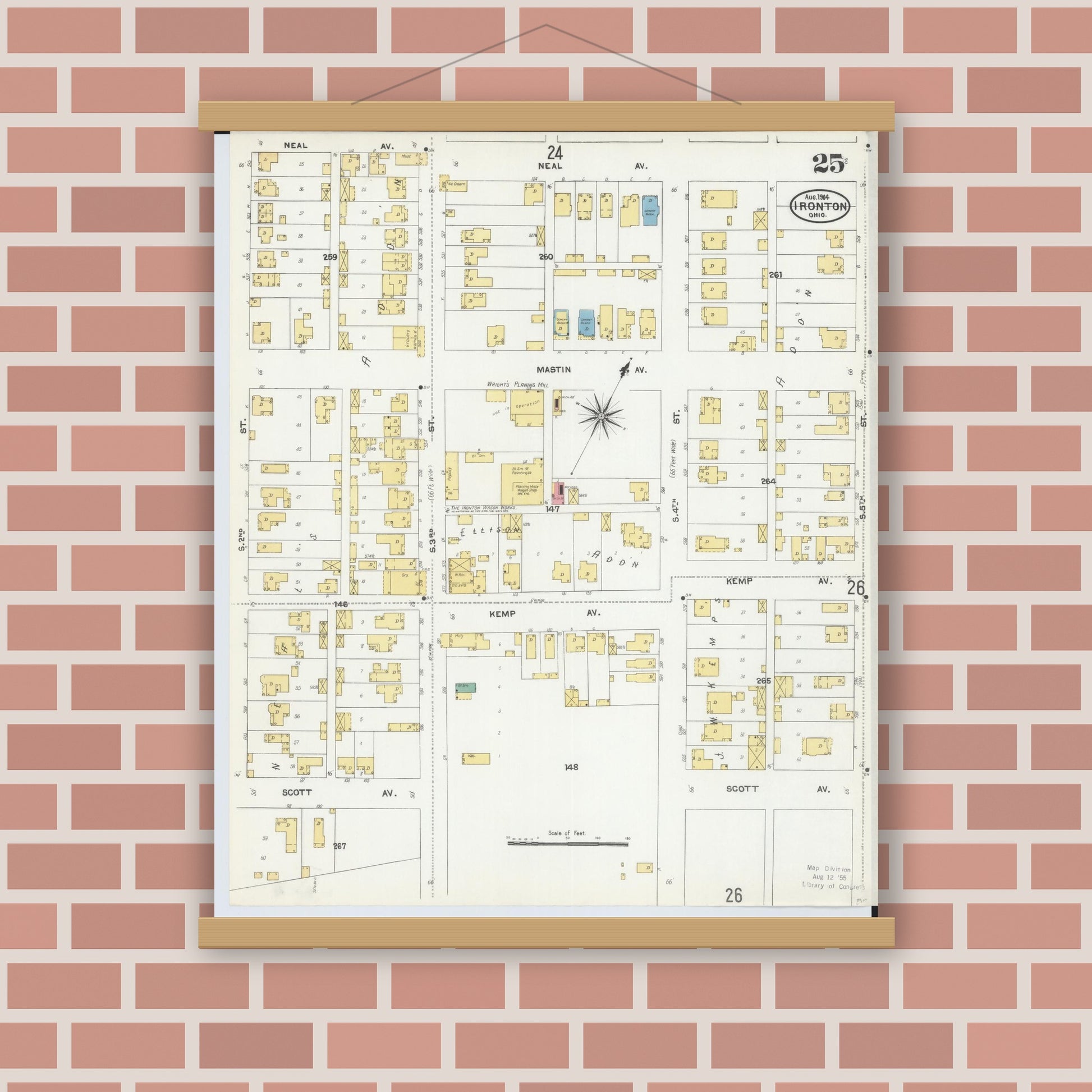 Old map wall art mockup — magnetic wood frame on brick wall — Sanborn Fire Insurance Map from Ironton, Lawrence County, Ohio (1904), Sheet #0025