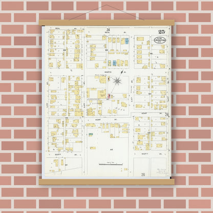 Old map wall art mockup — magnetic wood frame on brick wall — Sanborn Fire Insurance Map from Ironton, Lawrence County, Ohio (1904), Sheet #0025
