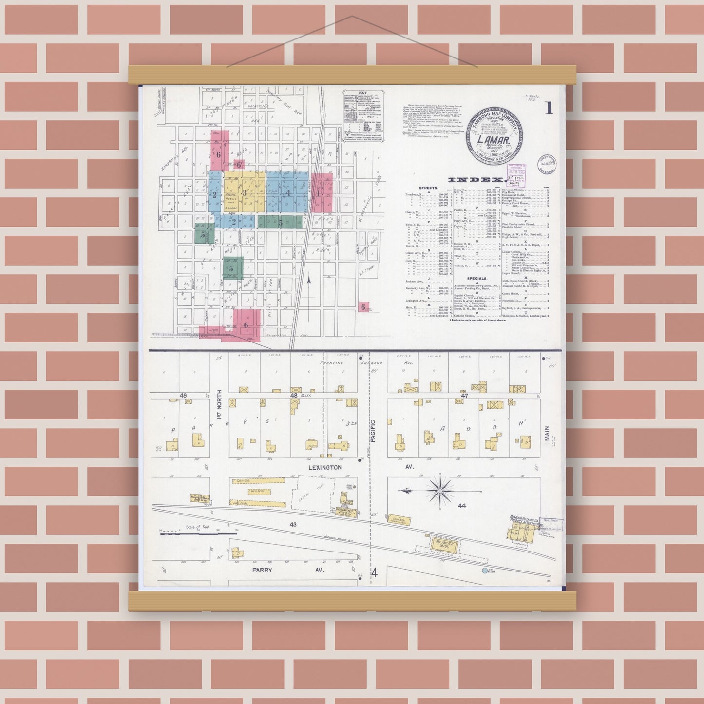 Old map wall art mockup — magnetic wood frame on brick wall — Sanborn Fire Insurance Map from Lamar, Barton County, Missouri (1902) - Complete Map Set