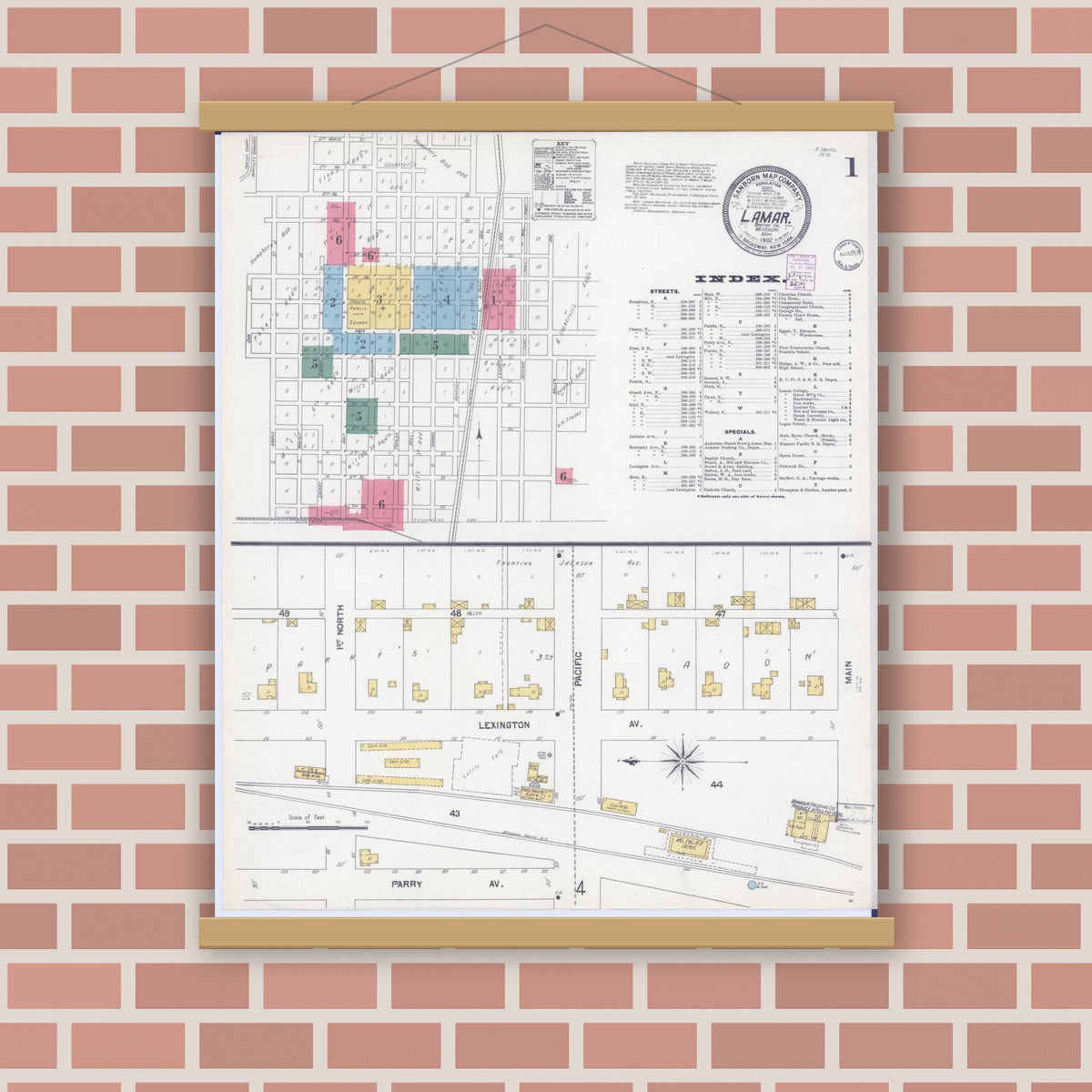 Old map wall art mockup — magnetic wood frame on brick wall — Sanborn Fire Insurance Map from Lamar, Barton County, Missouri (1902) - Complete Map Set