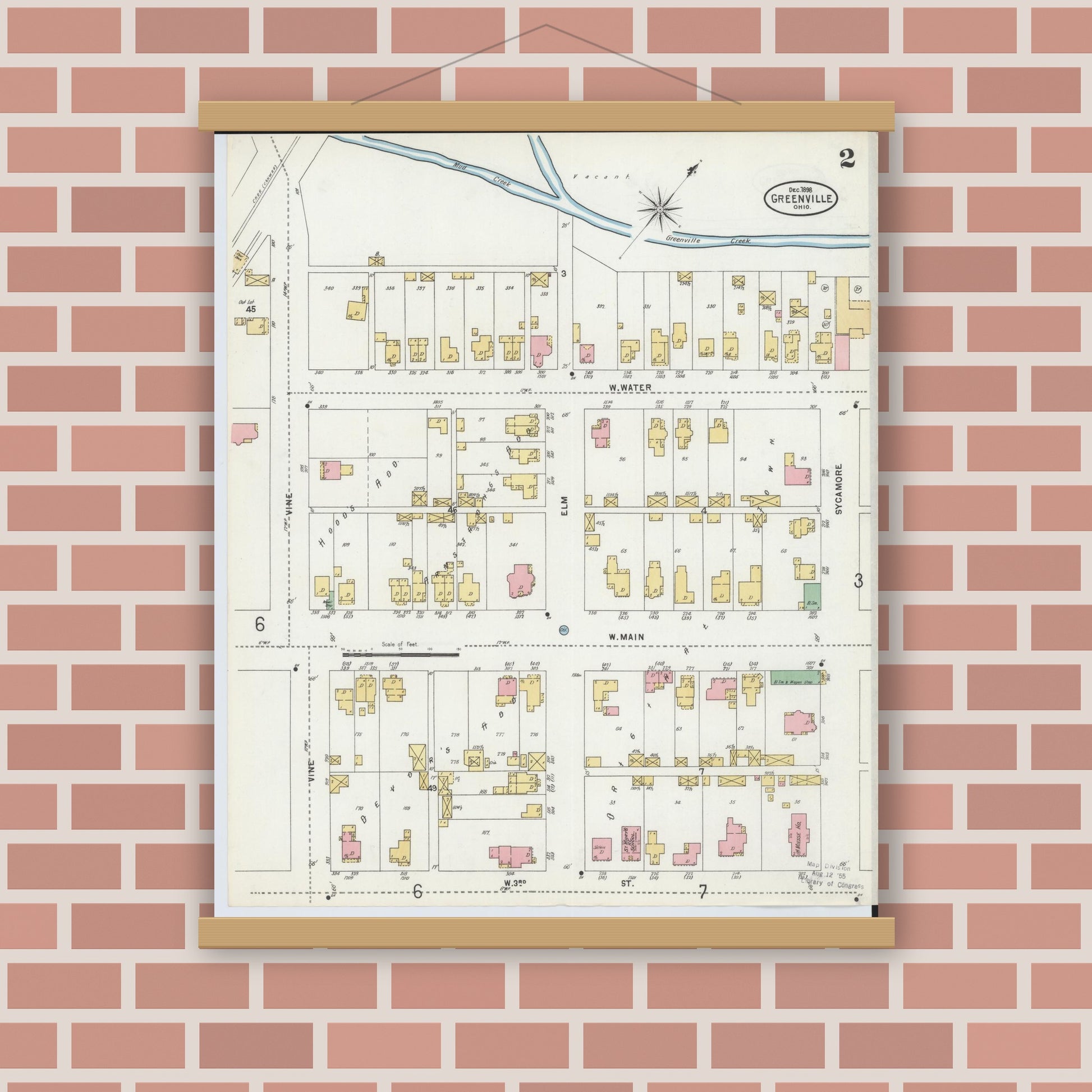 Old map wall art mockup — magnetic wood frame on brick wall — Sanborn Fire Insurance Map from Greenville, Darke County, Ohio (1898), Sheet #0002