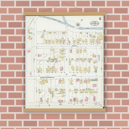 Old map wall art mockup — magnetic wood frame on brick wall — Sanborn Fire Insurance Map from Greenville, Darke County, Ohio (1898), Sheet #0002