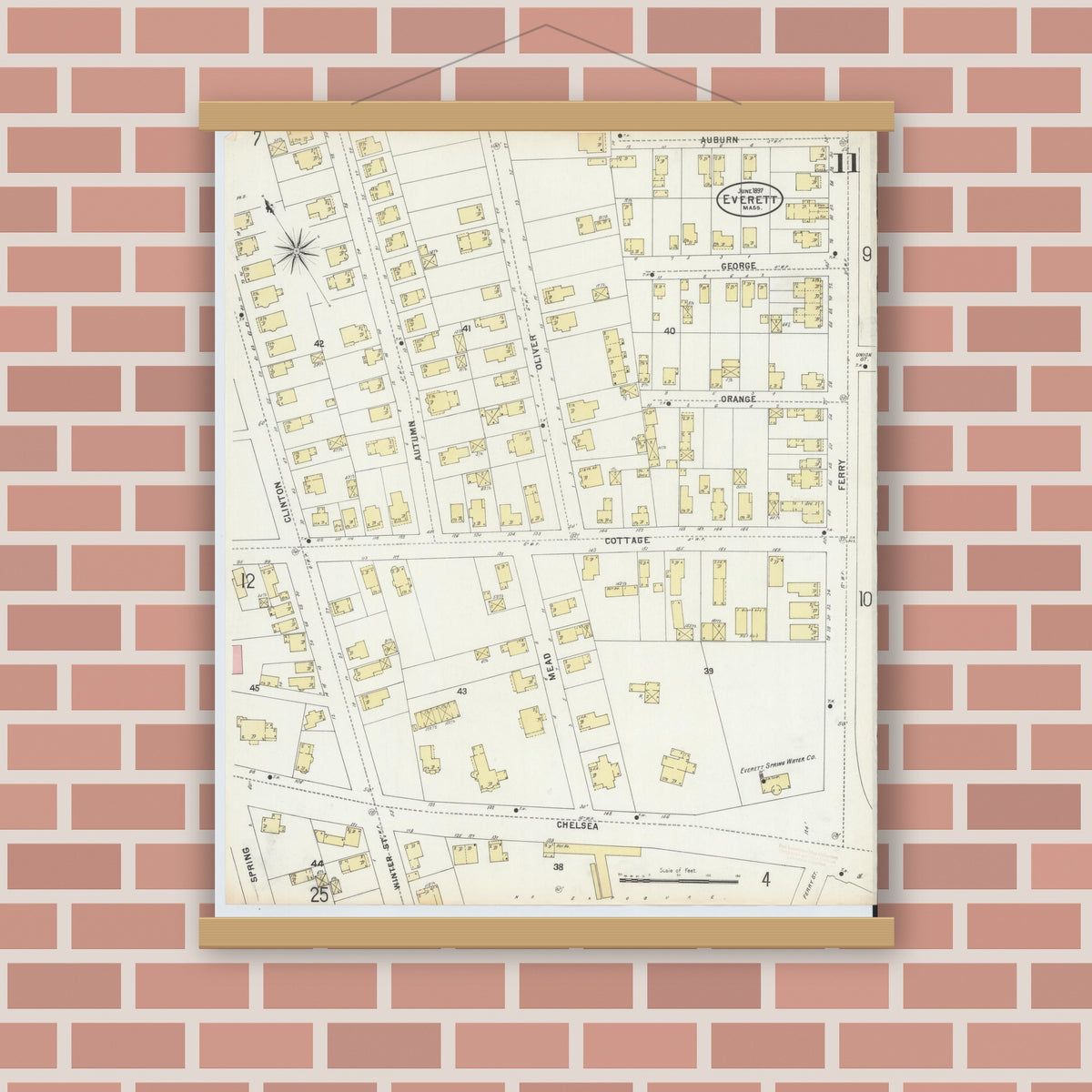 Old map wall art mockup — magnetic wood frame on brick wall — Sanborn Fire Insurance Map from Everett, Middlesex County, Massachusetts (1897), Sheet #0011