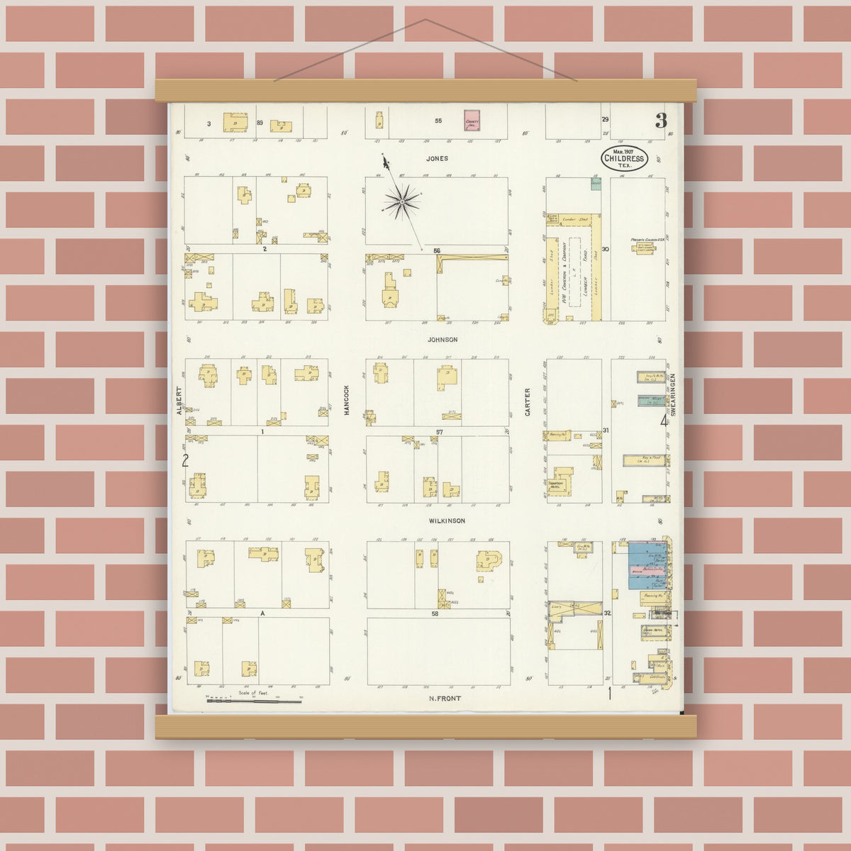 Old map wall art mockup — magnetic wood frame on brick wall — Sanborn Fire Insurance Map from Childress, Childress County, Texas (1907), Sheet #0003