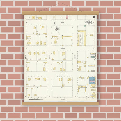 Old map wall art mockup — magnetic wood frame on brick wall — Sanborn Fire Insurance Map from Childress, Childress County, Texas (1907), Sheet #0003