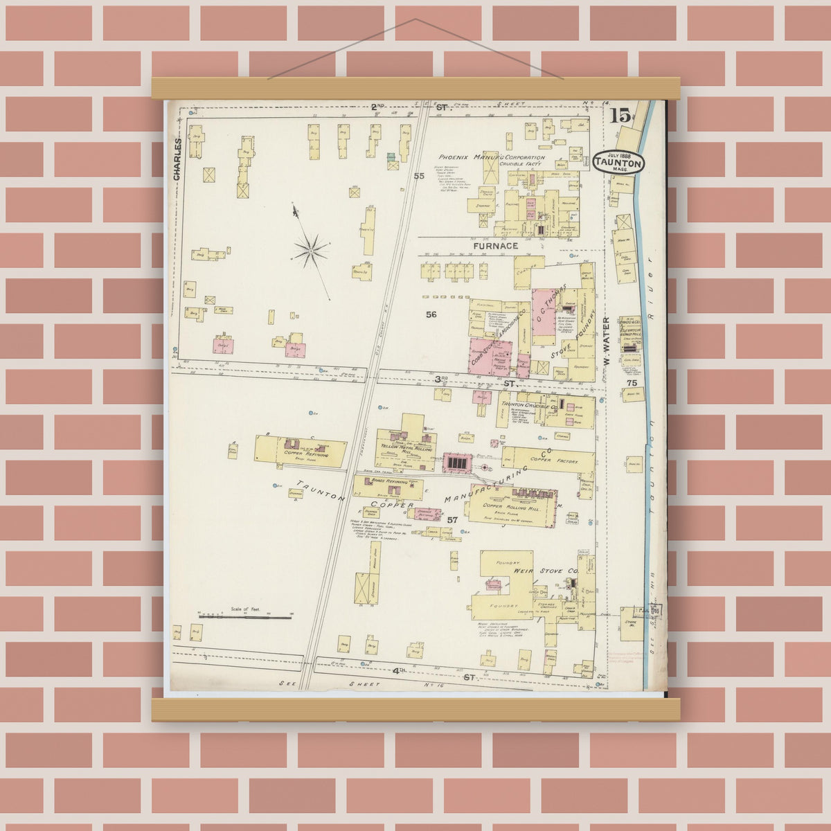 Old map wall art mockup — magnetic wood frame on brick wall — Sanborn Fire Insurance Map from Taunton, Bristol County, Massachusetts (1888), Sheet #0015