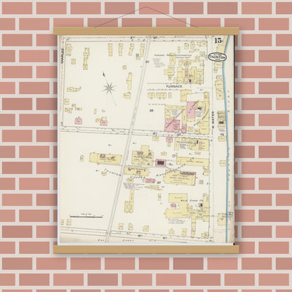 Old map wall art mockup — magnetic wood frame on brick wall — Sanborn Fire Insurance Map from Taunton, Bristol County, Massachusetts (1888), Sheet #0015