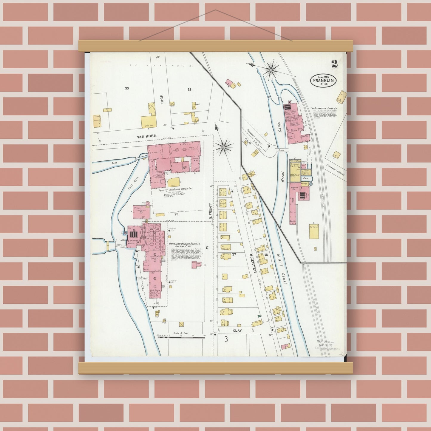 Old map wall art mockup — magnetic wood frame on brick wall — Sanborn Fire Insurance Map from Franklin, Warren County, Ohio (1905), Sheet #0002