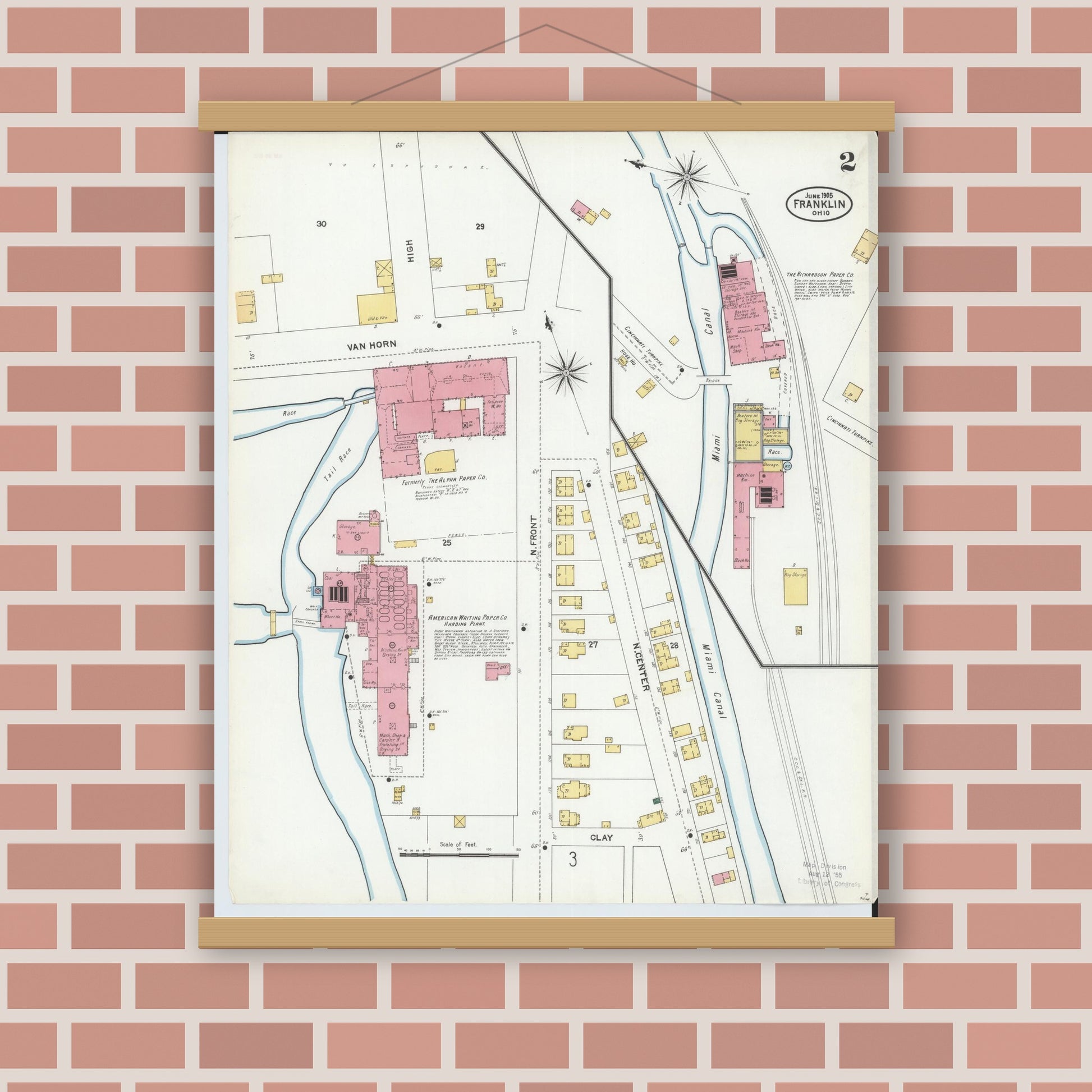 Old map wall art mockup — magnetic wood frame on brick wall — Sanborn Fire Insurance Map from Franklin, Warren County, Ohio (1905), Sheet #0002