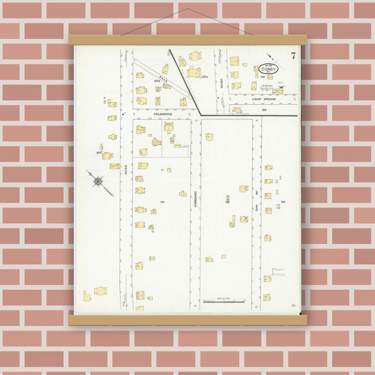 Old map wall art mockup — magnetic wood frame on brick wall — Sanborn Fire Insurance Map from Sidney, Delaware County, New York (1910), Sheet #0007