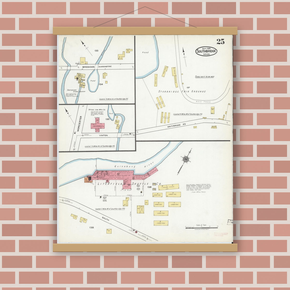 Old map wall art mockup — magnetic wood frame on brick wall — Sanborn Fire Insurance Map from Southbridge, Worcester County, Massachusetts (1918), Sheet #0025