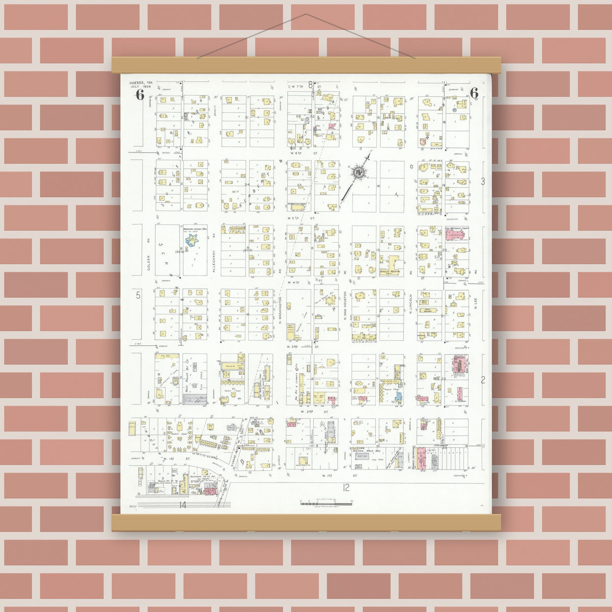 Old map wall art mockup — magnetic wood frame on brick wall — Sanborn Fire Insurance Map from Odessa, Edger County, Texas (1939), Sheet #0006