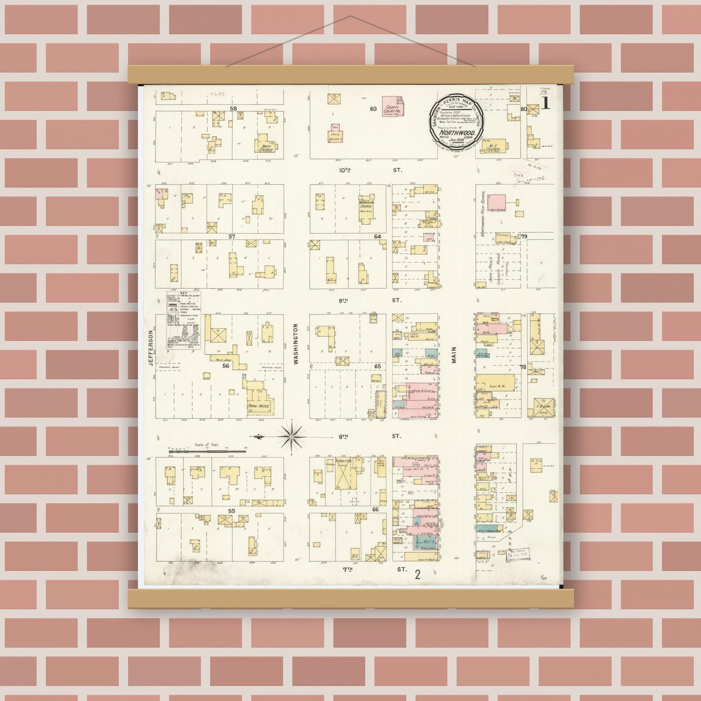 Old map wall art mockup — magnetic wood frame on brick wall — Sanborn Fire Insurance Map from Northwood, Worth County, Iowa (1896) â€” Complete Set