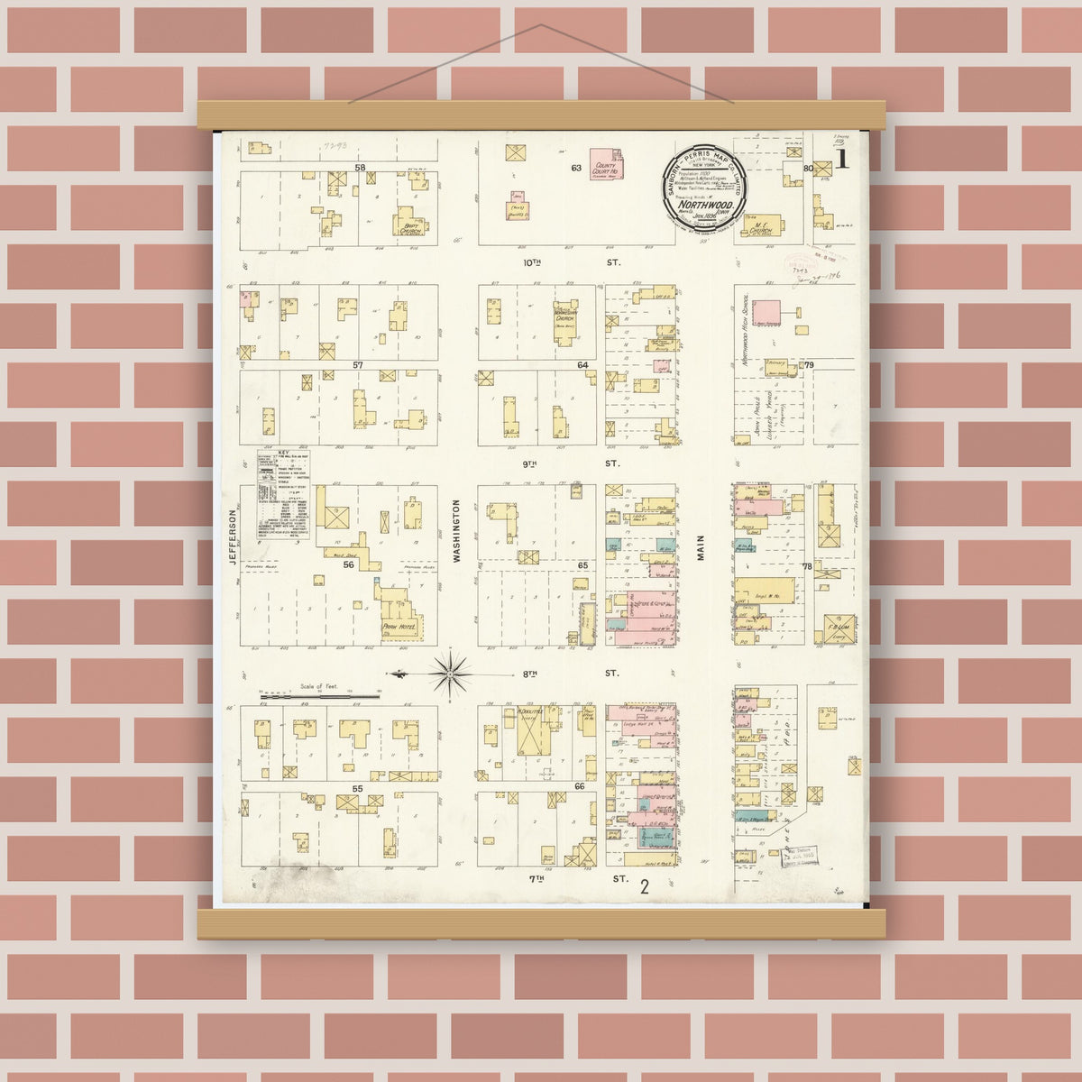 Old map wall art mockup — magnetic wood frame on brick wall — Sanborn Fire Insurance Map from Northwood, Worth County, Iowa (1896) â€” Complete Set