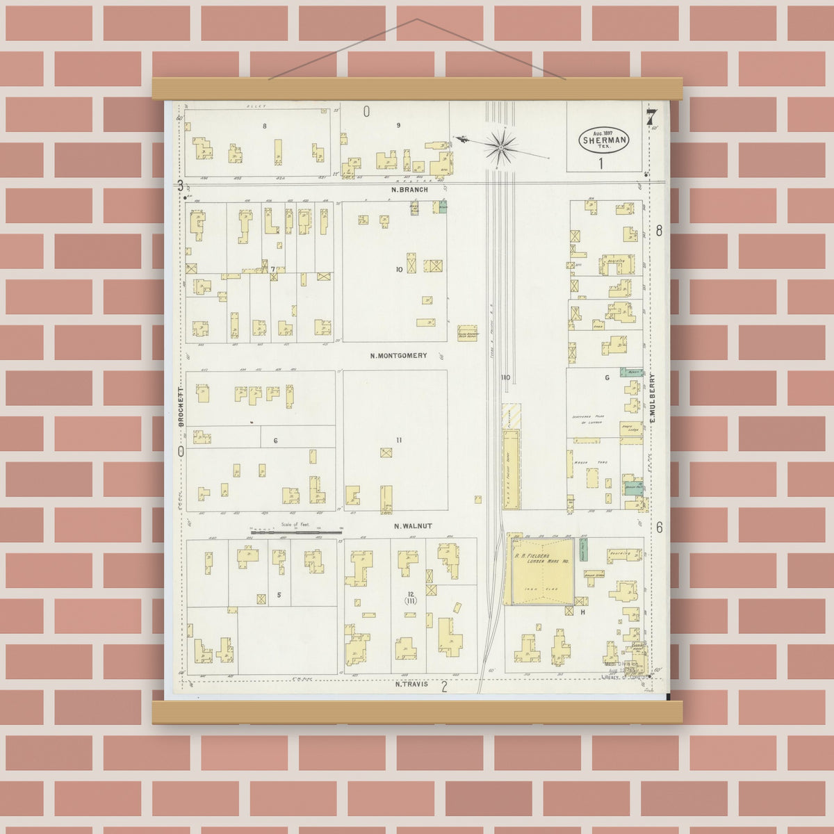 Old map wall art mockup — magnetic wood frame on brick wall — Sanborn Fire Insurance Map from Sherman, Grayson County, Texas (1897), Sheet #0007