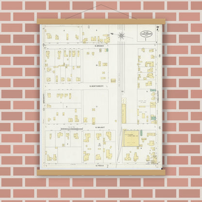 Old map wall art mockup — magnetic wood frame on brick wall — Sanborn Fire Insurance Map from Sherman, Grayson County, Texas (1897), Sheet #0007