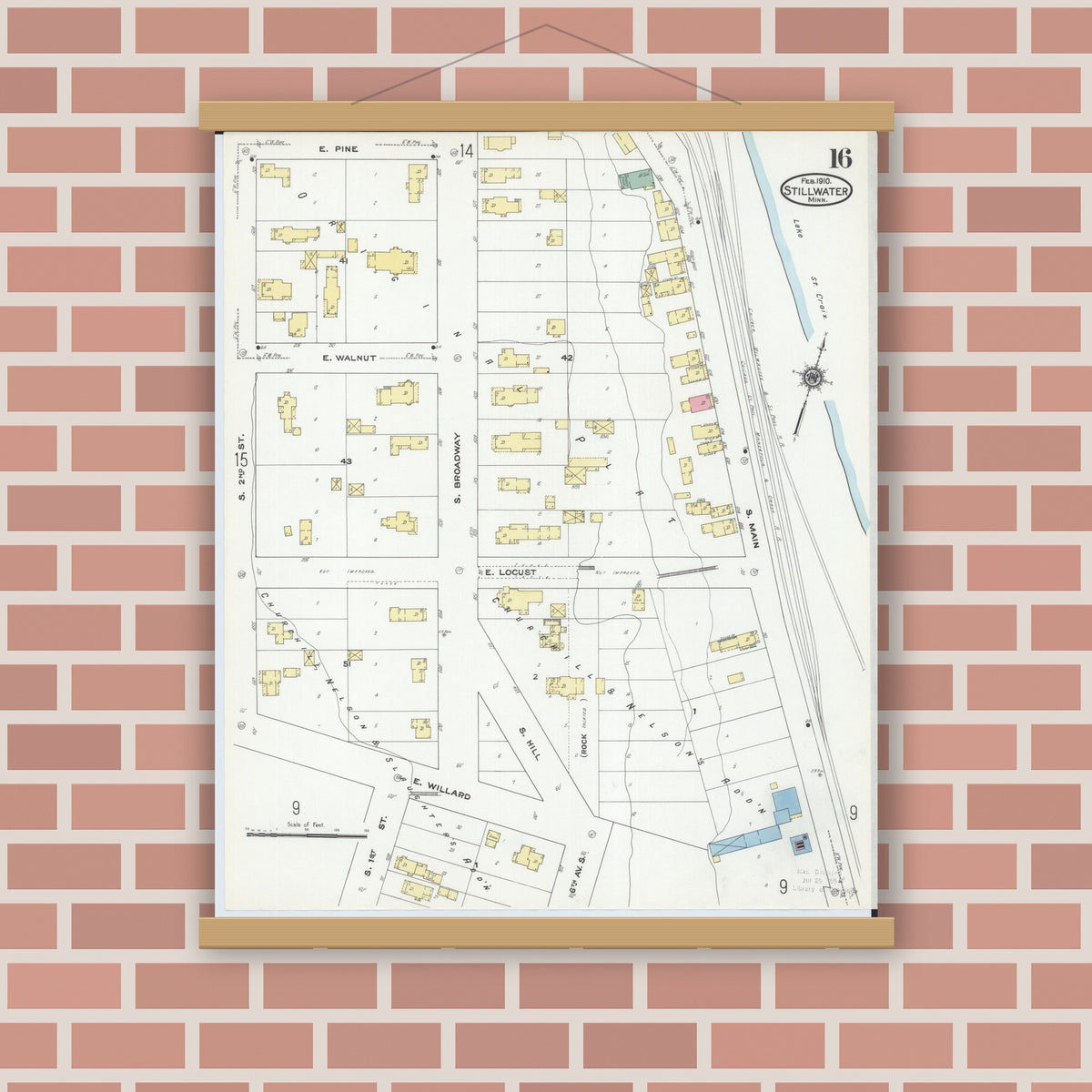 Old map wall art mockup — magnetic wood frame on brick wall — Sanborn Fire Insurance Map from Stillwater, Washington County, Minnesota (1910), Sheet #0016