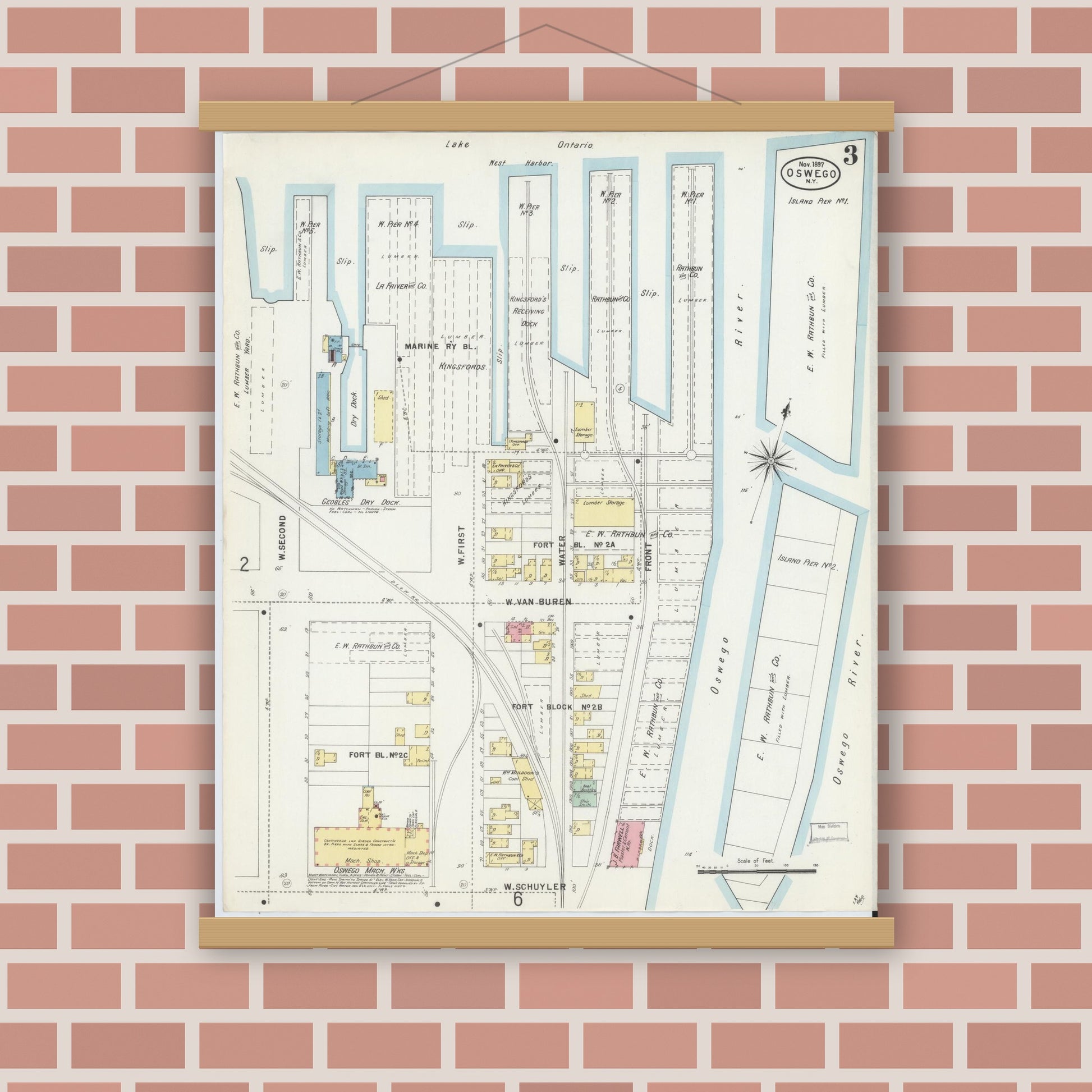 Old map wall art mockup — magnetic wood frame on brick wall — Sanborn Fire Insurance Map from Oswego, Oswego County, New York (1897), Sheet #0003