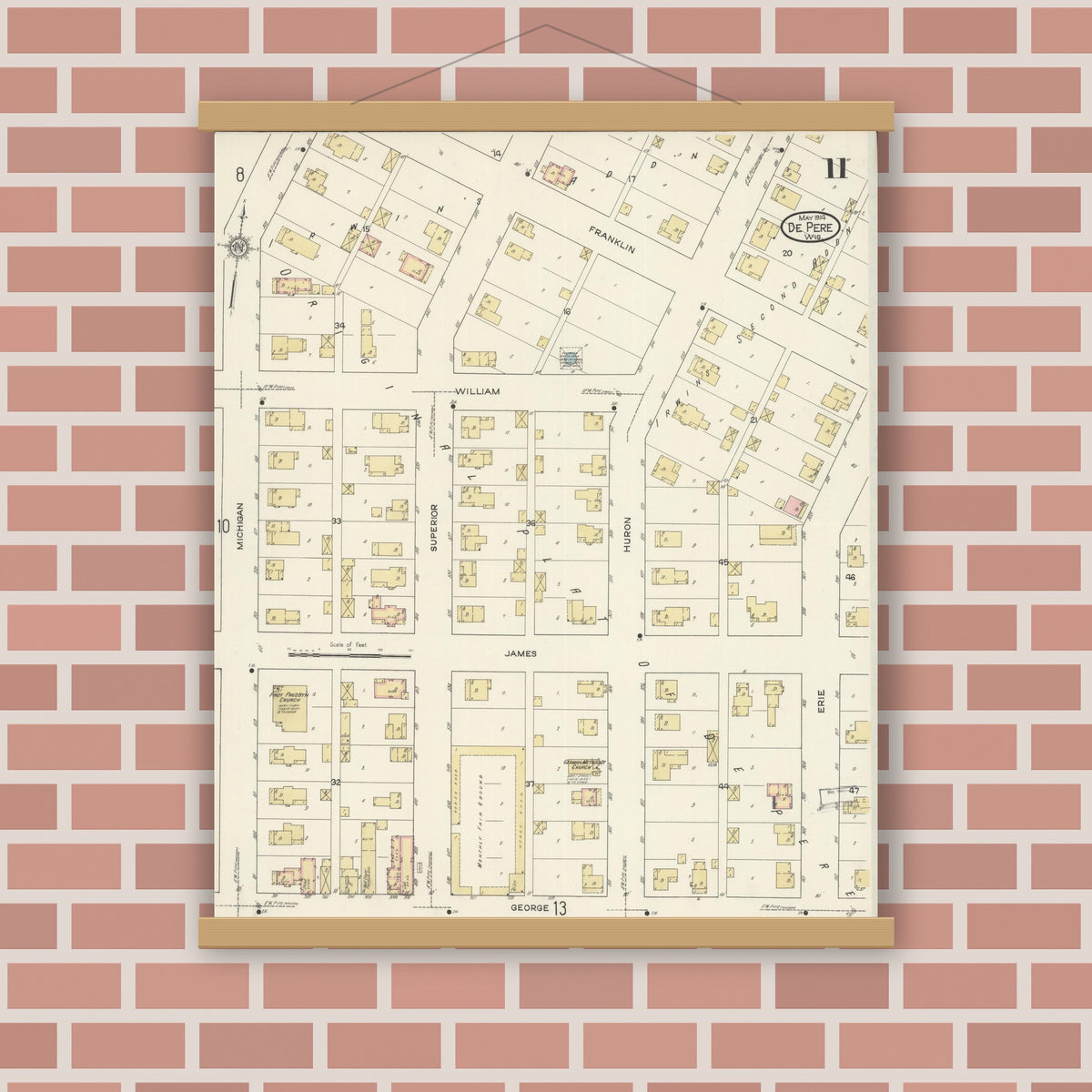Old map wall art mockup — magnetic wood frame on brick wall — Sanborn Fire Insurance Map from De Pere, Brown County, Wisconsin (1914), Sheet #0011